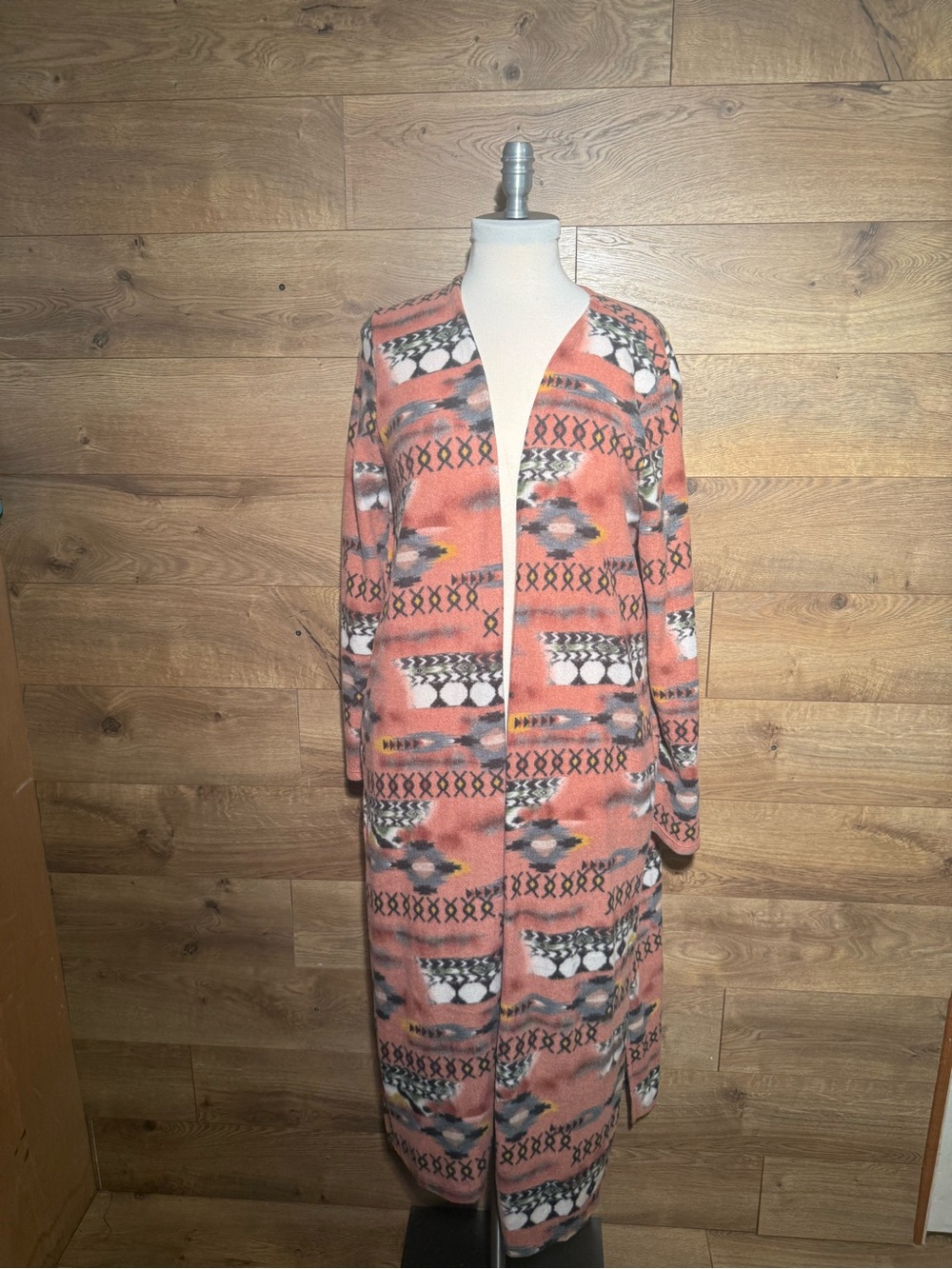 Long Open-Front Patterned Cardigan - Coral Multi